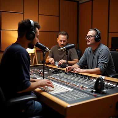 Lydteknikere og artister i kreativt samarbeid i studio