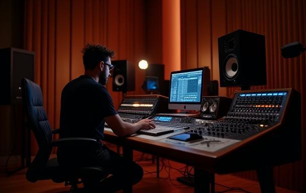 Profesjonelt lydstudio med tekniker i arbeid