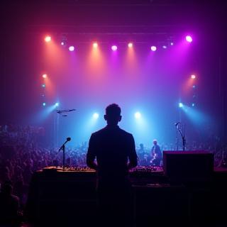 Konsertscene med tekniker bak lydpult