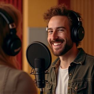 Podcast-vert og gjest i innspillingsstudio